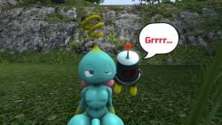 100acrew 1boy 1girls 2025 anthro ass big_ass big_breasts brainwashed breasts bucket_helmet chao_(sonic) cheese_the_chao chocola_the_chao chum_bucket chum_bucket_bucket_helmet crouching drone female male mind_control sega sfm sonic_(series) sonic_the_hedgehog_(series) source_filmmaker speech_bubble