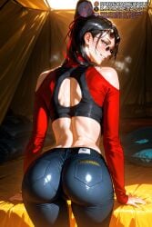 ai_generated arched_back ass back back_cutout bare_shoulders bayonetta bayonetta_(character) bed black-framed_eyewear black_hair black_sports_bra blue_eyes blush breath clothing_cutout crop_top denim eyewear_on_head female from_behind glasses grin hair_bun hair_ribbon jeans long_hair long_sleeves looking_at_viewer looking_back median_furrow meitabuu mole mole_under_eye mole_under_mouth pants parted_lips pillow red_ribbon ribbon sega shiny_clothes shoulder_blades shoulder_cutout single_hair_bun smile solo sports_bra steaming_body sunglasses sweat tent