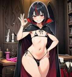 1boy 1femboy ai_assisted ai_generated armpit_crease big_ass bikini black_hair bob_cut breasts bulge cape crossdressing femboy hands_on_hips male micro_bikini novelai ok_sign pale_skin penis penis_bulge pubic_hair red_eyes red_streak sassy sex_toy short_hair small small_breasts small_penis solo trap vampire wide_hips witch