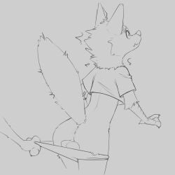 ambiguous_gender anthro ass balls biped bottomwear bottomwear_pull canid canine clothing clothing_pull duo eyebrows fingers fox fur genitals hi_res male mammal mouth_closed oxfort2199 paws rear_view shirt simple_background tail topwear wavy_mouth