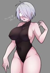 big_breasts black_leotard blush cleavage curvy cute_fang embarrassed female female_only gegege_no_kitarou genderswap_(mtf) hair_over_one_eye kitarou_tanjou_gegege_no_nazo leotard looking_away mainasu medama_oyaji_(human) nipple_bulge no_bra off_shoulder pale-skinned_female pale_skin rule_63 short_hair sideboob solo thick_thighs white_hair wide_hips