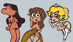 3girls ass black_eyes black_hair blonde_hair breasts brown_hair cas_van_de_pol clothes_lift clothing coolerinker crown dark-skinned_female dark_nipples dark_skin disney dress dress_lift earrings elbow_gloves excessive_pubic_hair eyeshadow female female_pubic_hair footwear gloves headwear inker_comics inkershike jewelry large_breasts legwear lilo_and_stitch lipstick long_hair looking_at_viewer makeup mario_(series) medium_breasts multiple_girls nani_pelekai nintendo nipples nude open_mouth pantsu princess_peach princess_peach_(recap) pubic_hair smile sphere_earrings super_mario_bros. tarzan_(1999_film) thighhighs underwear vagina white_gloves white_thighhighs yellow_dress