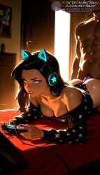 1boy abs ai_generated animal_ear_headphones animal_ears ass bed bedroom black_hair black_panties black_sweater blue_eyes borrowed_character breasts cat_ear_headphones cat_ears cleavage clenched_teeth clothed_female_nude_male clothed_sex clothing_aside condom controller dark-skinned_female dark-skinned_male dark_skin dc dc_comics diana_prince dildo door doorway downblouse fake_animal_ears female game_console game_controller gamepad head_out_of_frame headphones holding holding_controller imminent_penetration indoors injustice_2 interracial justice_league lips long_hair long_sleeves lying male male_pubic_hair medium_breasts meitabuu multitasking nipple_bar nipple_piercing nipple_slip nipples no_bra no_pants nude off-shoulder_sweater off_shoulder on_bed on_stomach one_breast_out open_door panties panties_aside piercing playing_games playstation_controller prone_bone pubic_hair sex sex_from_behind sex_toy solo_focus star_(symbol) star_print straight sweat sweater teeth thong toned underwear wonder_woman wonder_woman_(injustice) wonder_woman_(series)