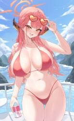 1girls aru_(blue_archive) beach blue_archive breasts female halo hi_res hips horns huge_breasts kuavera light-skinned_female light_skin long_hair naughty_face outdoors pink_hair thick_thighs thighs wide_hips yellow_eyes