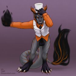 animal_genitalia anthro aohren balls bottomless clothed clothing dragon fire hat looking_at_viewer magic male male_only mosa sheath solo standing