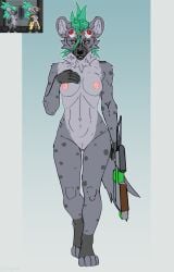 2025 anthro breasts digital_media_(artwork) eyewear eyewear_on_head female fur genitals goggles green_hair grey_body grey_fur gun hair hand_on_breast hi_res holding_object holding_weapon hyena looking_at_viewer mammal markings milajanh mohawk nipples nude pussy ranged_weapon red_eyes rifle shotgun simple_background solo spots spotted_hyena tail vulva weapon