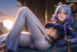 1girls ai_generated ass blue_eyes blue_hair female female female_only fit_female looking_at_viewer lying lying_on_back medium_breasts multicolored_hair patreon purple_hair salupai seductive_smile solo solo_female thighs tight_clothing uncensored watermark yunara yunara_(league_of_legends)