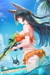ai_generated animal_ear_fluff animal_ears ass bare_shoulders beach bikini black_hair blue_sky blunt_bangs bracelet braid breasts cloud day female flower fox_ears frilled_bikini frills from_behind hair_flower hair_ornament halterneck hikari406 holding hoshimi_miyabi large_breasts long_hair looking_at_viewer looking_back ocean orange_bikini outdoors red_eyes sky solo swimsuit uncensored wading water water_gun wet zenless_zone_zero