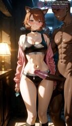 1boy abs ai_generated animal_ear_fluff animal_ears atlus bald black_choker black_panties black_socks black_sports_bra blush breasts brown_eyes brown_hair cardigan cat_ears choker cleavage closed_mouth clothed_female_nude_male collarbone condom condom_on_penis condom_wrapper covered_nipples dark-skinned_male dark_skin earrings erection extra_ears faceless faceless_male female hand_on_another's_shoulder holding holding_condom indoors interracial jacket jewelry kneehighs lamp large_breasts large_penis long_sleeves looking_at_viewer male meitabuu mole navel nude off_shoulder open_clothes open_jacket panties penis persona persona_3 persona_3_reload pink_jacket short_hair smile socks sports_bra standing stomach straight stud_earrings testicles thighs uncensored underwear used_condom used_condom_on_penis yukari_takeba