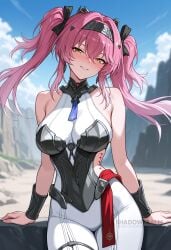 ai_generated bare_shoulders black_hairband blush bodysuit breasts cowboy_shot day female hair_between_eyes hair_intakes hairband large_breasts long_hair looking_at_viewer lupa_(wuthering_waves) outdoors pink_hair shadowrealmarts sky smile solo twintails uncensored wuthering_waves yellow_eyes
