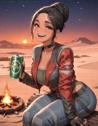 ai_art ai_assisted ai_generated beer_can belt black_gloves black_hair breasts brown_eyes campfire can cd_projekt_red choker cleavage cropped_jacket cyberpunk_2077 cyberpunk_20771girl dark-skinned_female dark_skin denim desert female fingerless_gloves fire freckles gloves hair_bun highleg highleg_leotard holding holding_can jacket jeans large_breasts leotard leotard_under_clothes looking_at_viewer night open_clothes open_jacket open_mouth oujisan outdoors panam_palmer pants patreon patreon_url patreon_username red_jacket self_upload single_hair_bun sitting sky smile solo star_\\\\(sky\\\\) starry_sky sunset tagme thick_eyebrows