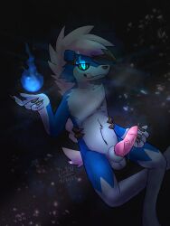 anthro blue_body blue_fire blue_fur bodily_fluids colored_fire darkan_the_lycanroc darkanroc fire fur generation_7_pokemon genital_fluids hi_res knot lycanroc male midnight_lycanroc nintendo pokemon pokemon_(species) precum shiny_pokemon solo space white_body white_fur
