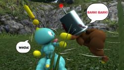 100acrew 1boy 1girls 2025 anthro ass attack attacking barking big_ass brainwashed breasts bucket_helmet chao_(sonic) cheese_the_chao chocola_the_chao chum_bucket chum_bucket_bucket_helmet crouching drone female male mind_control penis sega sfm shocked_expression small_penis sonic_(series) sonic_the_hedgehog_(series) source_filmmaker speech_bubble