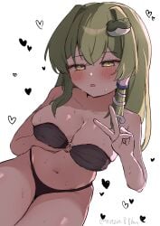 arm_under_breasts aroused bikini black_bikini blush breast_lift breasts constricted_pupils dutch_angle female half-closed_eyes heart horny horny_female in_heat large_breasts ninzin_88hon sanae_kochiya signature sweat sweaty thighs touhou twitter_username v