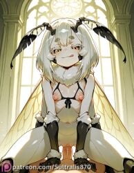 1boy 1girls ai_generated antennae_(anatomy) big_breasts black_arms black_legs black_sclera black_tongue breasts bug_girl chitin cum cum_in_pussy cum_inside female four_arms green_areola green_eyes green_highlights green_pussy horny indie_virtual_youtuber innocent insect_girl insect_wings juniper_(egocider) juniper_actias male monster_girl moth_antennae moth_girl pale_skin penis pussy sultralis sultry_eyes twitch vaginal_penetration virtual_youtuber vtuber white_hair