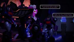 1girls 3boys arcee blue_eyes female male mengsk red_eyes red_visor transformers vehicon