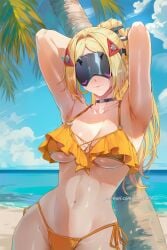 ai_generated armpits arms_behind_head arms_up beach bikini black_choker blindfold blonde_hair blue_sky breasts choker cleavage closed_mouth cloud collarbone covered_eyes day female frills hair_ornament headgear hikari406 large_breasts long_hair navel ocean orange_bikini outdoors palm_tree parted_bangs ponytail side-tie_bikini_bottom sky smile solo stomach swimsuit tagme tree trigger_(zenless_zone_zero) uncensored underboob yellow_bikini zenless_zone_zero