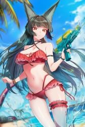 ai_generated animal_ear_fluff animal_ears ass_visible_through_thighs bare_shoulders beach bikini black_hair blue_sky blunt_bangs blurry bracelet breasts choker cleavage cloud criss-cross_halter day female fox_ears frilled_bikini frills halterneck hikari406 holding holding_water_gun hoshimi_miyabi jewelry large_breasts long_hair looking_at_viewer navel ocean outdoors palm_tree parted_lips red_bikini red_eyes sky solo standing stomach swimsuit thigh_strap tree uncensored very_long_hair water water_gun zenless_zone_zero