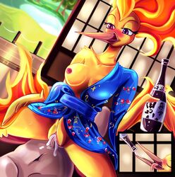 alcohol artsyrobo beverage clothing cum cum_in_pussy cum_inside drunk fuega japan japanese_clothing kanto kimono legendary_pokemon leo_(velociripper) moltres nintendo pokemon sake vaginal_penetration video_games