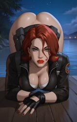 2025 ai_art ai_generated ass bare_ass bare_back belt bending_over bent_over black_belt black_costume black_suit black_widow_(marvel) black_widow_(ultimate_avengers) booty breasts bubble_butt costume dark_belt dat_ass dat_butt doggy_style doggy_style_position eepol green_eyes intimidating_woman marvel marvel_comics natalia_romanoff natasha_romanoff night night_sky red_hair red_hair_female red_lips red_lipstick red_nail red_nails redhead_female russian russian_female russian_woman smoking_hot suit ultimate_avengers ultimate_marvel