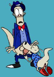 anatomically_correct anatomically_correct_penis animal_genitalia animal_penis anus balls blush bow_tie clothed clothed_sex clothing crazedg father father_and_son footwear hat incest jacket lancer_buck_(colorist) male mammal marsupial marsupial_penis oral pants parent penis rocko rocko's_dad rocko's_modern_life sex shirt shoes son son_blowing_dad vent wallaby yaoi