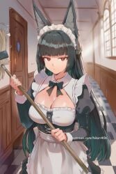 ai_generated animal_ears apron black_bow black_dress black_hair blunt_bangs bow bowtie breasts broom cleavage closed_mouth dress female fox_ears frills hallway hikari406 holding holding_broom hoshimi_miyabi indoors juliet_sleeves large_breasts long_hair long_sleeves looking_at_viewer maid maid_apron maid_headdress mop puffy_sleeves red_eyes solo uncensored very_long_hair zenless_zone_zero