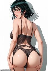 ai_generated ass ass_support back bangs bare_arms bare_shoulders black_bra black_hair black_panties blush bra breasts cowboy_shot female from_behind fubuki_(one-punch_man) garter_belt grabbing_own_ass green_eyes green_hair high_resolution highres large_breasts lingerie lips looking_at_viewer looking_back one-punch_man panties parted_lips shiny short_hair shoulder_blades simple_background solo stable_diffusion thighs underwear waifuscans418 white_background