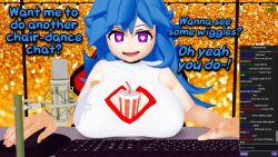 3d 3d_(artwork) big_breasts blue_hair boob_window brackets_guy dialogue holding_drink large_breasts microphone skyblue skyblue_(friday_night_funkin) soda_bottle stream_chat streamer streaming