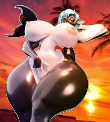 anthro ass beach big_breasts big_butt blue_hair breasts cetacean dolphin female flirting flirting_with_viewer genitals hair hand_behind_head hi_res huge_breasts huge_butt huge_hips huge_thighs mammal marine mechanicalstage multicolored_body nipples nude oceanic_dolphin orange_eyes orca pussy solo sunset thick_thighs toothed_whale tropical two_tone_body under_boob vulva wide_hips zea_nalya