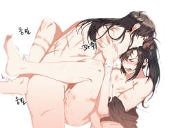 2boys anal barefoot bite_mark black_hair black_robe blush boy_on_top brown_hair closed_eyes clothes_down collarbone crying cum cum_in_ass cum_on_ass cum_on_body cum_on_male hand_on_another's_arm hickey highres jujeop korean_text lan_wangji leg_lock long_hair looking_at_another male_focus missionary modao_zushi multiple_boys nipples nude open_mouth parted_lips pectorals penis ponytail ribbon robe robe_partially_removed rope_marks saliva scar scar_on_back scratches sex sidelocks simple_background spread_legs sweat tears trembling wei_wuxian wet_face white_background white_ribbon yaoi yellow_eyes