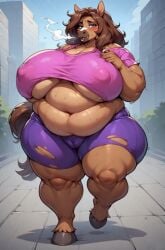ai_generated anthro blue_eyes brown_hair cameltoe equine fat jogging obese sweat thick_thighs tight_clothing torn_clothing underboob
