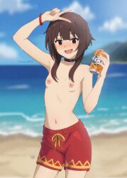 1girls areolae bare_shoulders beach belly belt_collar blurry_background blush bracelet breasts brown_hair collar fanta female female_only flat_chest highres holding_can kagironsfw kono_subarashii_sekai_ni_shukufuku_wo! light-skinned_female light_skin looking_at_viewer male male_swimwear_challenge medium_hair megumin navel nipples open_mouth open_smile outdoors outside peace_sign red_eyes red_shorts shorts sidelocks small_breasts smile solo standing stomach sweatdrop v v_over_head v_sign waist wet_hait