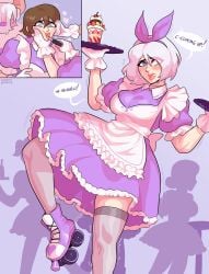 1boy blue_eyes blush brown_hair commission crossdressing gay girly hair_ribbon loggus_doggus maid maid_uniform male male_only red_lipstick roller_skates sissy solo stockings tray very_high_resolution waitress white_hair
