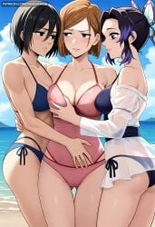 3girls ai_generated ass ass_visible_through_thighs attack_on_titan bangs bare_shoulders beach bikini black_eyes black_hair blue_bikini blue_sky blush breast_grab breast_press breasts brown_hair butterfly_hair_ornament cleavage cloud collarbone cowboy_shot crossover dandanhub day demon_slayer grabbing hair_between_eyes hair_ornament hand_on_another's_stomach jujutsu_kaisen kimetsu_no_yaiba kochou_shinobu kugisaki_nobara large_breasts looking_at_another mikasa_ackerman multicolored_hair multiple_girls nobara_kugisaki ocean one-piece_swimsuit outdoors parted_bangs parted_lips pink_bikini pink_one-piece_swimsuit purple_eyes purple_hair see-through shingeki_no_kyojin shinobu short_hair side-tie_bikini_bottom sky smile swimsuit thigh_gap yuri