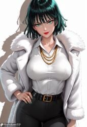 ai_generated bangs belt black_belt black_hair black_pants breasts coat collarbone collared_shirt cowboy_shot female fubuki_(one-punch_man) fur_trim green_eyes green_hair green_nails hand_on_hip high-waist_pants high_resolution highres jewelry large_breasts lips lipstick long_sleeves looking_at_viewer makeup nail_polish necklace one-punch_man pants pearl_necklace red_lips shirt shirt_tucked_in short_hair simple_background smile solo stable_diffusion waifuscans418 white_background white_shirt