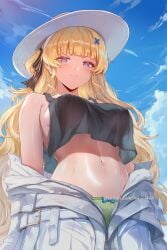 ai_generated bare_shoulders bikini blonde_hair blue_sky blunt_bangs blush breasts closed_mouth cloud covered_nipples crop_top day female from_below hair_ornament hair_ribbon hat hikari406 jacket large_breasts long_hair looking_at_viewer midriff navel off_shoulder outdoors phoebe_(wuthering_waves) purple_eyes ribbon sky smile solo stomach sun_hat swimsuit uncensored very_long_hair white_headwear white_jacket wuthering_waves