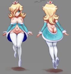 aqua_dress aqua_legwear ass bare_shoulders blonde_hair breasts crown detached_sleeves dress female full_body hair_over_one_eye high_heels long_hair long_sleeves navel no_panties rosalina star_earrings striped striped_legwear