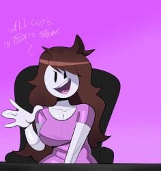 1girls breasts clothed clothed_female clothing dialogue english_text female female_focus female_only jaiden jaiden_animations looking_at_viewer medium_breasts open_mouth open_smile pink_background simple_background sitting sole_female solo solo_female solo_focus tayuri text white_body white_skin