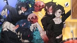 1girls 2boys 2d andrew_graves arm ashley_graves black_hair blush brother_and_sister caught clothed gore groping groping_breast groping_from_behind hand_in_pants incest outdoors pants_down penis pink_eyes ponytail pulling_down_pants red_eyes siblings the_coffin_of_andy_and_leyley xlonkx