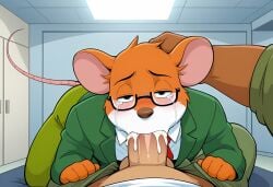 ai_generated anthro black_eyes blowjob bright_light brown_body chubby crying crying_with_eyes_open cum_in_mouth dubious_consent fat_male fat_man fully_clothed furry furry_male gay geronimo_stilton geronimo_stilton_(series) glasses half-closed_eyes hand_on_head hands_on_thighs humanoid_penis male male_only mouse orange_fur pants_open penis questionable_consent submissive_male suit tan_body tan_fur tears yaoi