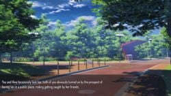 1boy 1girls asahina_aoi ass bangs big_breasts blush bravebengal breasts brown_hair cheeeeeeeeeeeeen cum cum_in_pussy cum_inside danganronpa danganronpa:_trigger_happy_havoc dark-skinned_female dark_skin english_text female hud human light-skinned_male light_skin long_hair long_video longer_than_4_minutes male mp4 music on_side one_leg_up panties_aside park penis ponytail public public_sex pussy screencap sex shorter_than_five_minutes smile sound tagme text veiny_penis video visual_novel yellow_shirt