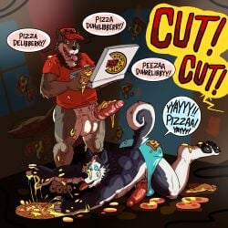 1:1 2023 absurd_res animal_genitalia animal_penis anothermeekone anthro anthro_on_anthro balls bottomless bulge canid canine canine_genitalia canine_penis canis clothed clothing container cross-eyed derp_eyes dialogue domestic_dog duo english_text erection food food_on_penis genitals hat headgear headwear hi_res husky intelligence_loss knot male male/male mammal messy nordic_sled_dog offscreen_character open_mouth open_smile penis pizza pizza_box porn_star rod_(taztaroth) shirt smile speech_bubble spitz standing submissive submissive_male taztaroth text tongue tongue_out topless topwear underwear