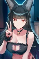 :3 ai_generated animal_ear_fluff animal_ears bare_shoulders bell black_bra black_choker black_hair black_nails black_panties blunt_bangs blush bra breasts cat_cutout cat_ears cat_lingerie choker cleavage cleavage_cutout closed_mouth clothing_cutout collarbone female fox_ears frilled_bra frills hand_up hikari406 hoshimi_miyabi indoors jingle_bell large_breasts long_hair looking_at_viewer meme_attire nail_polish navel neck_bell panties red_eyes side-tie_panties smile solo stomach uncensored underwear underwear_only upper_body v very_long_hair wrist_cuffs zenless_zone_zero