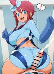 ! 1boy :d absurdres ass assjob back bar_censor blue_eyes blue_gloves breasts buttjob censored commentary_request cum ejaculation female gloves highres hilbert_(pokemon) i_b_(yaun2242) large_breasts large_penis looking_back male penis pokemon pokemon_bw projectile_cum red_hair skyla_(pokemon) smile spoken_exclamation_mark straight suspenders tan veins veiny_penis