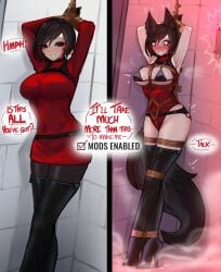 1girls ada_wong asian asian_female blush bondage boots breasts ehrrr exposed_breasts female female_only fox_ears fox_girl fox_tail fully_clothed gloves high_heel_boots high_heels leotard resident_evil ropes sweat sweater thigh_boots thighhigh_boots thighhighs