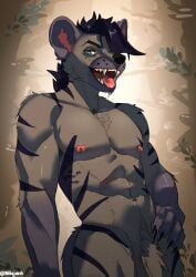 2025 abs anthro athletic black_hair black_nose blue_eyes claws digital_media_(artwork) fangs forest fur genitals grey_body grey_fur hair hi_res hyena looking_at_viewer male mammal markings milajanh muscular muscular_anthro muscular_male nipples nude open_mouth pecs penis piercing plant pose pubes simple_background smile solo striped_body striped_fur striped_hyena stripes teeth tongue tongue_out tree tuft