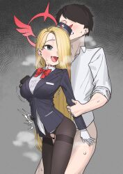 1boy :d absurdres black_jacket blonde_hair blue_archive blue_eyes blush bow bowtie breasts brown_pantyhose clenched_teeth clothing_cutout collared_shirt commission crotch_cutout female gloves hair_over_one_eye halo happy_sex highres holding_another's_wrist jacket large_breasts long_hair long_sleeves mash_illust multicolored_hair neck_tattoo oerba_yun_fang one_eye_covered pantyhose pina_(blue_archive) pina_(guide)_(blue_archive) red_bow red_bowtie second-party_source sensei_(blue_archive) sex sex_from_behind shirt skeb_commission skin_fang smile standing standing_sex straight streaked_hair tattoo teeth thighband_pantyhose very_long_hair white_gloves white_shirt wing_collar