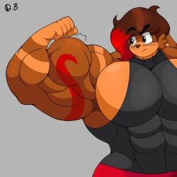 brown_fur brown_hair bunny flexing muscular omega_(omegabrawl) omegabrawl red_hair red_tattoo swole tank_top