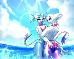 absurd_res anglo anglo_(anglo) anthro ass ass_grab balls biped blue_body blush butt_grab clothing duo erection_through_clothing eyebrows eyeliner fur generation_5_pokemon genitals hand_on_ass hand_on_butt hi_res licking licking_lips makeup male male_only mienshao multicolored_body nintendo one_eye_closed pokemon pokemon_(species) purple_body standing swimwear tongue tongue_out white_body white_fur
