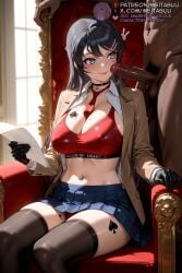 1boy abs ai_generated armchair balls black_choker black_gloves black_hair black_sports_bra black_thighhighs blacked blazer blue_eyes blue_skirt blush breast_tattoo breasts brown_jacket chair choker cleavage closed_mouth clothed_female_nude_male collared_shirt dark-skinned_male dark_skin erection female gloves hair_ornament hairclip heart heart_tattoo holding holding_paper imminent_fellatio indoors interracial jacket large_breasts lipstick_mark long_hair long_sleeves looking_at_penis male male_pubic_hair meitabuu midriff miniskirt mole mole_on_breast navel navel_piercing necktie necktie_between_breasts nude open_clothes open_jacket open_shirt panties panty_peek pantyshot paper penis penis_on_face piercing pleated_skirt pubic_hair queen_of_spades rabbit_hair_ornament red_bra red_necktie red_panties red_sports_bra sakurajima_mai school_uniform seishun_buta_yarou_wa_bunny_girl_senpai_no_yume_wo_minai shirt sitting skirt smile solo_focus spade_(shape) sports_bra stomach straight tattoo testicles thighhighs thighs throne uncensored underwear white_shirt window zettai_ryouiki